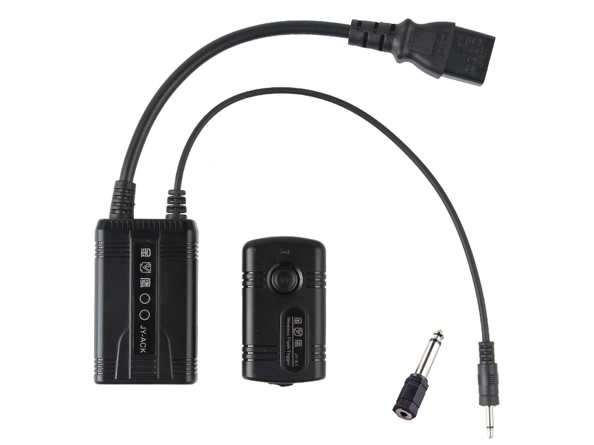 JY-K1 wireless flash trigger set — transmitter, AC receiver and sync cord