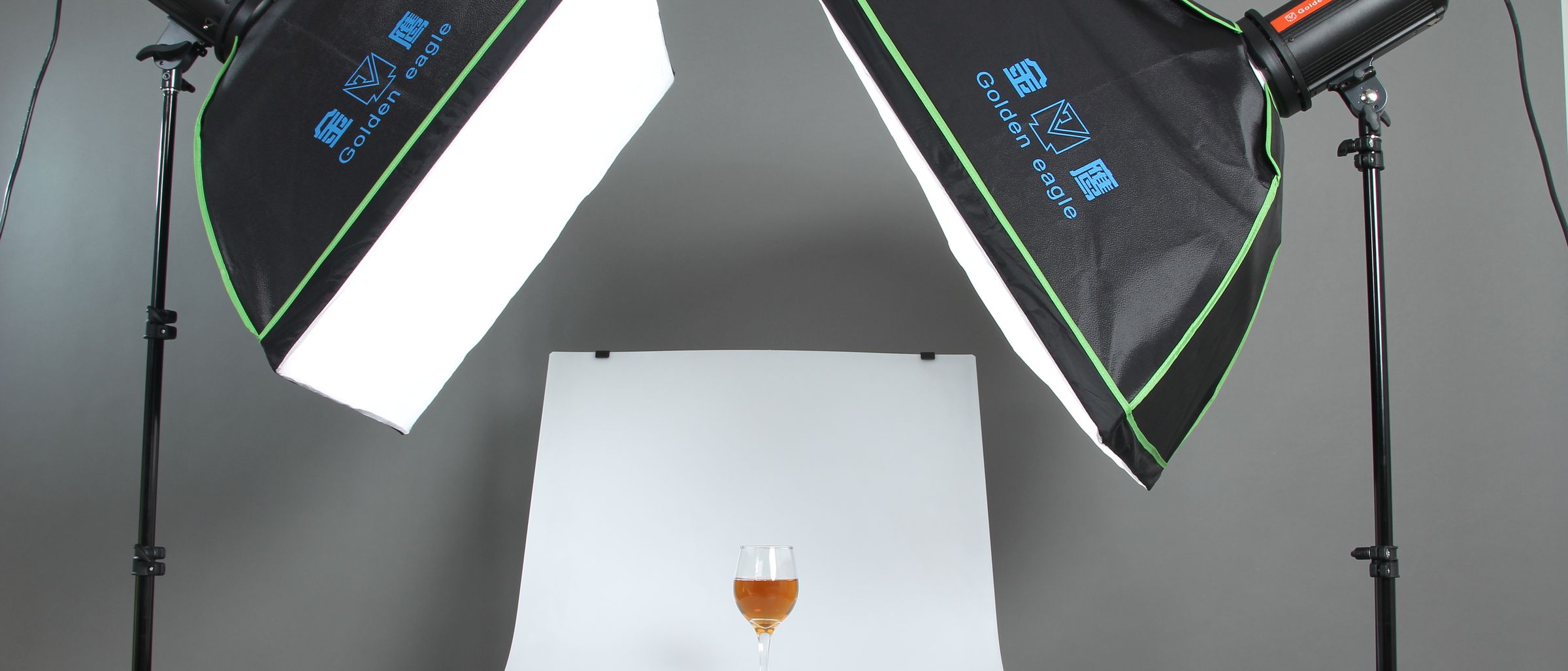 Two FX300 heads with 60 cm softboxes lighting a wine glass on set
