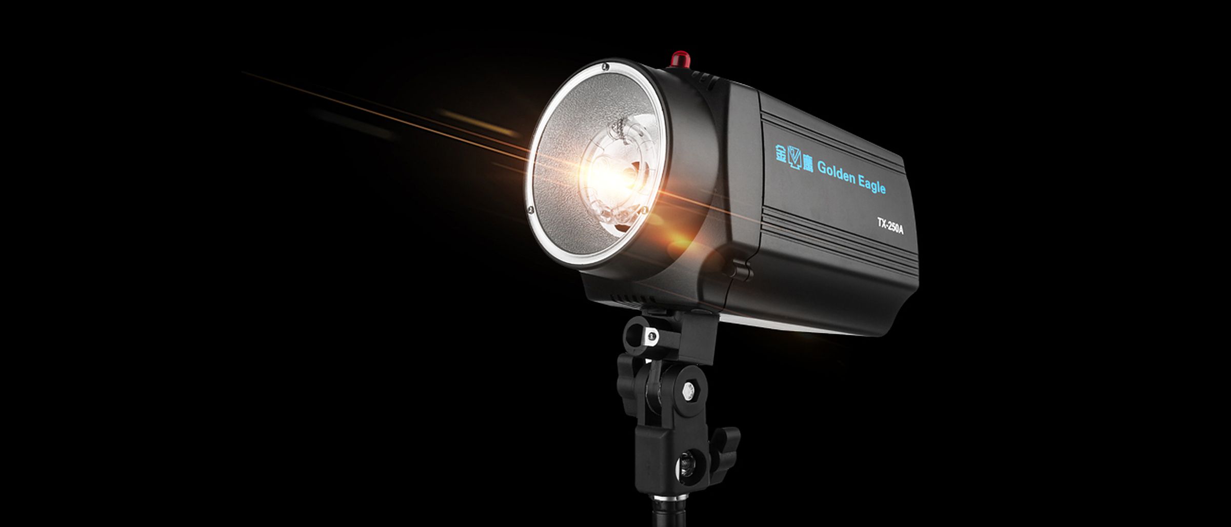 TX-250A studio flash with modelling lamp lit, on a black background