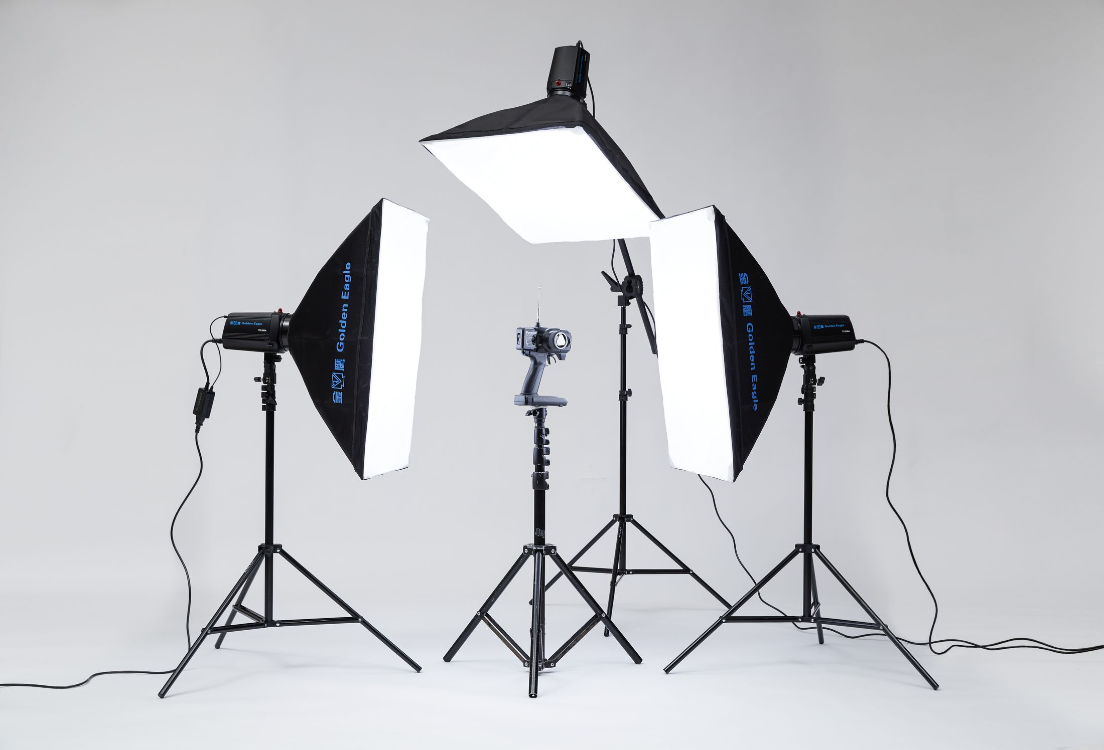 Three-head TX-250 kit with overhead boom softbox and side shapers in the studio